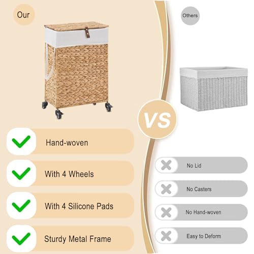 Rolling Laundry Hamper with Lid and Wheels, Slim Laundry Basket with Removable Liner Bag & 2 Mesh Bags, Handwoven Water Hyacinth Clothes Hamper for Bedroom Bathroom (Natural, 50L) - color: Natural/With Lid/50L
