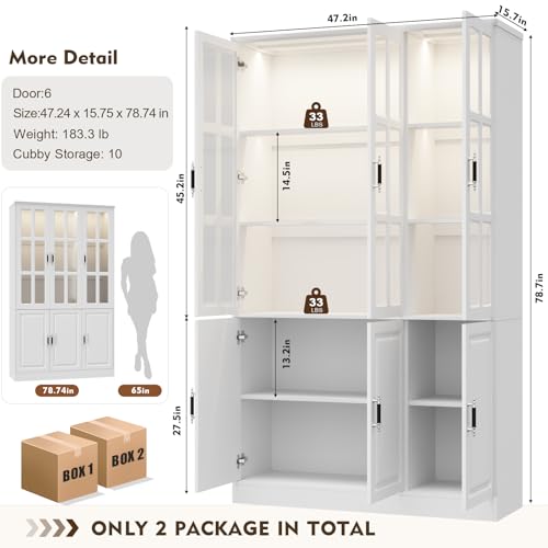 78.7" Kitchen Pantry Storage Cabinet with LED Lights, Tall Pantry Cabinet with Glass Doors, Kitchen Hutch Utility Pantry, White (47.2" W x 15.7" D) - color: White, size: 6 Doors