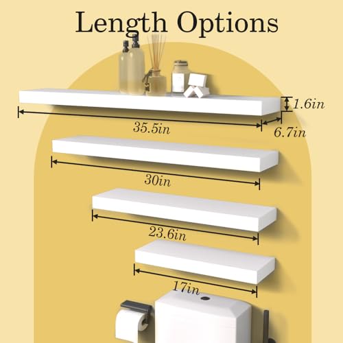 Habudda Floating Shelves, Natural Wood Wall Shelf, White Wooden Rustic Decor for Bathroom Kitchen Bedroom, 23.6 inches Hanging Mounted Invisible Bracket, 2 Set - color: White, size: 23.6"×6.7"×1.6"