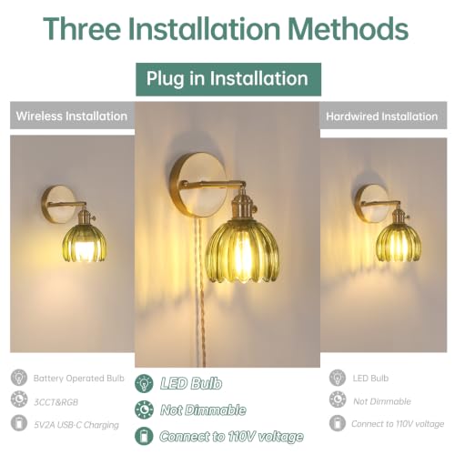 Shenmoyl Plug in Wall Sconce, Green Tulip Glass Lampshade Wall Light Plugin Corded for Bedside Bedroom Doorway, 2 Pack - color: Green