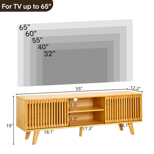 Bamboo TV Stand for TVs up to 65", Accent Entertainment Center with Storage, Media Console Table with Sliding Fence Door, Modern TV Stand for Living Room, Bedroom, 55"(L), Burlywood - color: Burlywood Fence Door