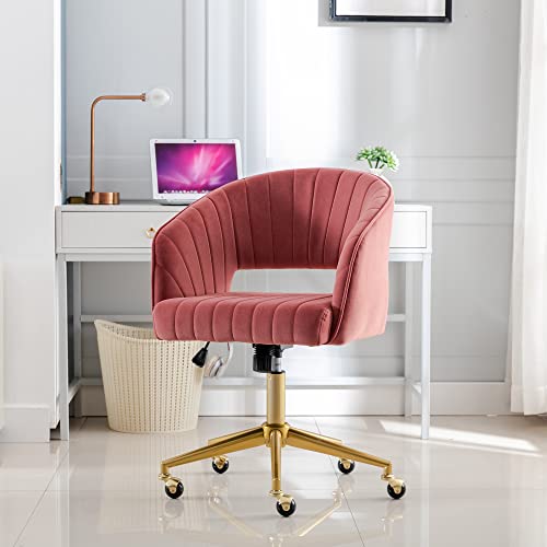 Vanity Chair Velvet Desk Chair with Gold Base for Living Room,Rose | Accent Armchair Upholstered Modern Tufted Chairs for Girls Women Ergonomic Study Seat Computer Task Stools for Bedroom - color: Rose