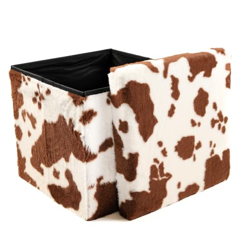 Luxe Faux Fur Storage Ottoman, Cowhide Brown/White, 15 x 15 x 15 in | Engineered Wood, Tool-Free Assembly, Modern Style, Seat And Footrest - color: Cowhide Brown/White, size: 15"D x 15"W x 15"H