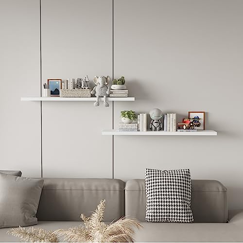 SAUMONIERES Floating Wall Shelves for Bedroom Bathroom Wall Mounted Solid Wood 36 Inches Long Shelf Set of 2, White Floating Shelves - color: White, size: 36 Inch-2 shelves