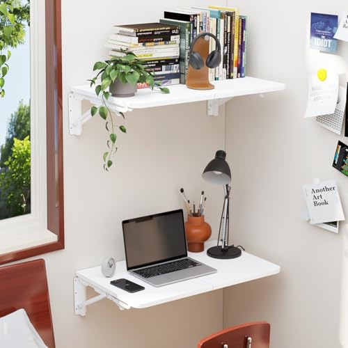 TEAMIX Wall Mounted Folding Table, White Floating Desk for Small Spaces Laundry Shelf with Heavy Duty Brackets Floating Desk for Garage, Utility Room, Kitchen, Laundry Room - color: White, size: 22"W x 15.7"D