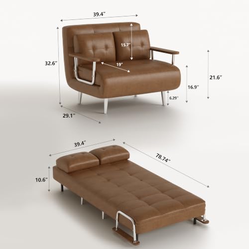 39.4" Brown Faux Leather Futon Sofa Bed Metal Legs Apartment | 2‑Position Adjustable Backrest, Space‑Saving Layout, Apartment‑Friendly, Multi‑Guest Unit, For Living Room & Home Office - size: 39.4"