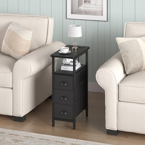 sthmec End Table with Charging Station,Narrow Side Tables with USB Ports and Outlets,Skinny Bedside Tables with 3 Drawers,Small Tables Nightstands for Small Space,Slim Sofa Table for Livingroom,Black - color: Black, size: 7.88'' W*15.75'' D*24.3'' H, styl
