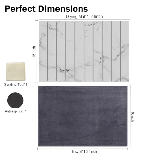 Stone Dish Drying Mat for Kitchen Counter,24"(L)×16"(W) Collapsible Fast-Drying Diatomaceous Earth Mats with Towel Sanding Tool,Versatile Stone Drying Mats for Cups Dishes Bottles - color: Marble-Grey, size: 24"L x 16"W