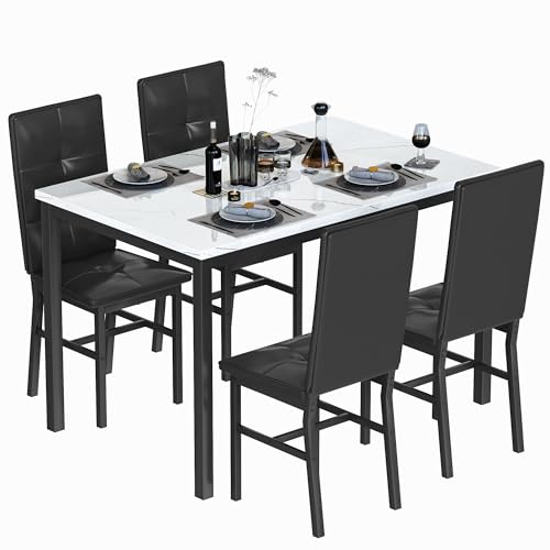Hooseng Dining Table Set for 4, Faux Marble Small Kitchen Table with 4 PU Leather Chairs, Modern 5 Piece Dinner Table Set for Dining Room, Breakfast Nook, Samll Space, White & Black - color: White