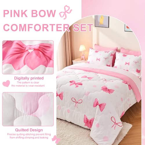 Wajade 7 Piece Pink Bow Bedding Set for Girls Kids Twin Size Comforter Set with Sheet and 2 Pillowcases 2 Pillow Shams Cute Girls Bed in a Bag as Birthday Choice - color: Bow, size: Twin