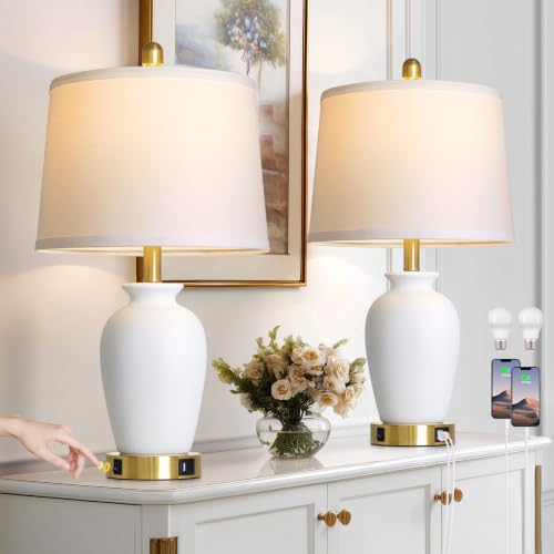 Set of 2 White Ceramic Modern Table Lamps with Ginger Jar Design - for Living Room,Dining Room,Bedroom,Office,Nightstand,End Table - color: White(Unglazed)