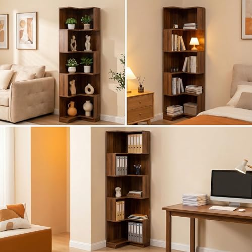 Corner Bookshelf, 5 Tier Tall Corner Bookcase with LED Lights, Freestanding L Shaped Open Display Shelf for Living Room, Bedroom, Home Office (Walnut) - style: Walnut-without drawers