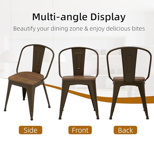 18 Inch Dining Chairs Set of 4, Farmhouse Metal Chairs with High Back and Wooden Seat, Stackable Industrial Bar stools for Dining Room(Rusty) - color: Rusty