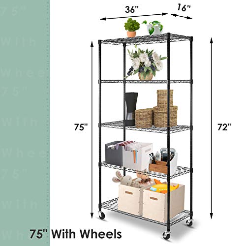 5-Shelf Shelving Units on Wheels Casters, Adjustable Heavy Duty Metal Shelf Wire Storage Rack for Home Office Garage Kitchen Bathroom Organization(16”Wx36”Dx75”H), Black - size: 5Tier 36"W x 16"D x 75"H