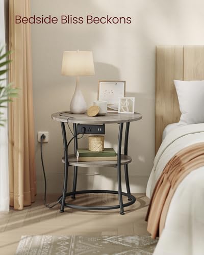 VASAGLE 21.7-Inch Round Side Table, 2-Tier End Table | Nightstand with Steel Frame, Spacious Top, for Small Spaces, Living Room, Bedroom, Heather Greige and Ink Black ULET077L01 - color: Heather Greige + Ink Black, style: With Power Strip