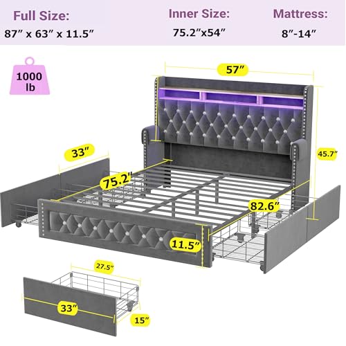 Ailisite Full Size Bed Frame with 4 Storage Drawers and RGB Led Lights,Velvet Upholstered Full Platform Bed with Charging Station and Bookcase Storage Headboard, with Crystal and Rivet Deco, Grey - color: Grey, size: Full