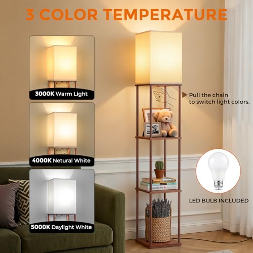 Floor Lamp with Shelves, 3-Tier Modern Square Bookshelf Standing Lamp Brown | 3 Color Temperature Bulb Included, Pull Chain Tall Lamp for Living Room Bedroom Corner Office Apartment Decor - color: Brown