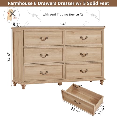 Joaxswe Farmhouse 6 Drawers Dresser for Bedroom, Vintage 54" Wide Chest of Drawers w/ 4 Wooden Legs, Rustic Large Closet Storage Dressers Organizer for Hallway, Wood TV Stand for Living Room, Natural - color: Natural, size: 15.7"D x 54"W x 34.6"H (6 Drawe
