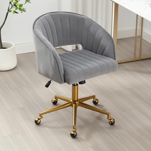 Desk Chair with Wheels, Gold Base, Velvet Accent Vanity Armchair, Grey | Spacious Soft Seat, Swivel Height Adjustable, Rocking Function, Modern Stripe for Girls &Women Bedroom Makeup or Nail - color: Grey Velvet