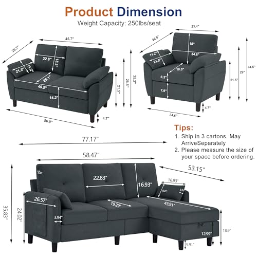 4 PCS Living Room Furniture Set, 3 Seat Couch & Loveseat & Armchair with Storage Ottoman, Modern Couch Set with Side Pockets, Couches for Living Room (3+2+1 Seat/Dark Grey) - color: Dark Grey, size: sofa+loveseat+Chair