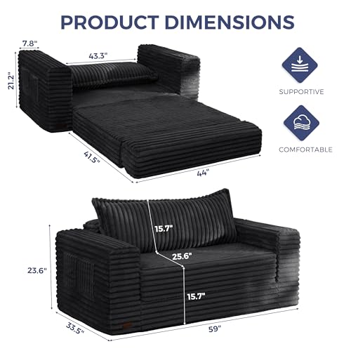 MAXYOYO Convertible Sofa Bed, Pull-Out Loveseat Couch Bed for Small Space | 2 in 1 Folding Couch Bed with Large Back Pillow, Plush Faux Fabric Lounge Couch for Living Room, Apartment, Black - color: Black