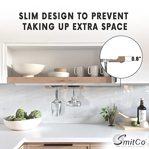Wooden Wine Glass Holder for | Under Shelf Kitchen Stemware Rack | Wood Holding Rack for Wine Glasses and Stemware | Glassware Hanger and Organizer - Stores Up to 6 Glasses