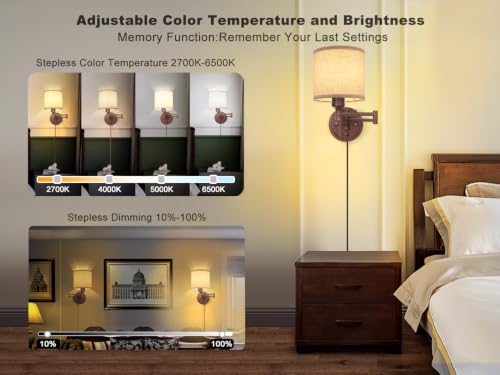 GOODATE Plug in Wall Sconces with Remote Control, Dimming & Adjustable Colors 2700K-6500K, Hardwire or Plug-in, Swing Arm Wall Lamp, Wall Sconces Set of Two, Linen Fabric Shade, Walnut Finish - color: Walnut & Linen