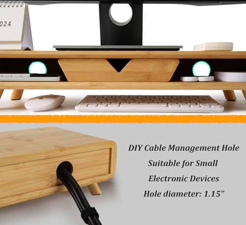Homerays Bamboo Monitor Stand Riser, No Assembly Required Exquisite Monitor Stand with Drawer Ergonomic Height Wood Monitor Stand - color: BAMBOO
