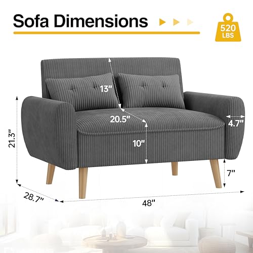 47'' Small Loveseat Sofa, 2 Seat Compact Couch with Tapered Legs, Dark Grey Upholstered Furniture, Solid Wood Frame, Comfy Foam Cushion, Easy Assembly for Small Spaces - color: Dark Grey