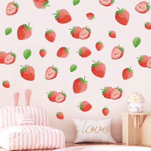 AOWDIAO 80 Pcs Strawberry Wall Decals – Peel and Stick for Bedroom, Kitchen, Bathroom & Nursery – Cute Strawberry Decor for Home & Party - style: Strawberry