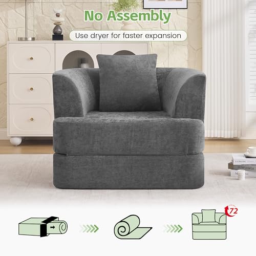 HUBSON 2-in-1 Folding Sofa Bed, Chenille Convertible Single Sleeper Chair Bed, Modern Boneless Foldable Couch, High-Density Foam Lounge Chair for Living Room, Bedroom, No Assembly Required, Dark Grey - color: Dark Grey