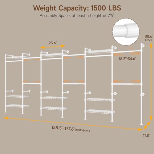 H6 Wall Mounted Closet System, Industrial Pipe Clothes Rack Clothing Racks with 6 Telescopic Rods & 3 Fixing Rods & 9 Shelves, Heavy Duty Closet Organizers and Storage in Wardrobe Closet (White) | Metal Clothing Rack with 6 Telescopic Rods & 3 Fixing Rods