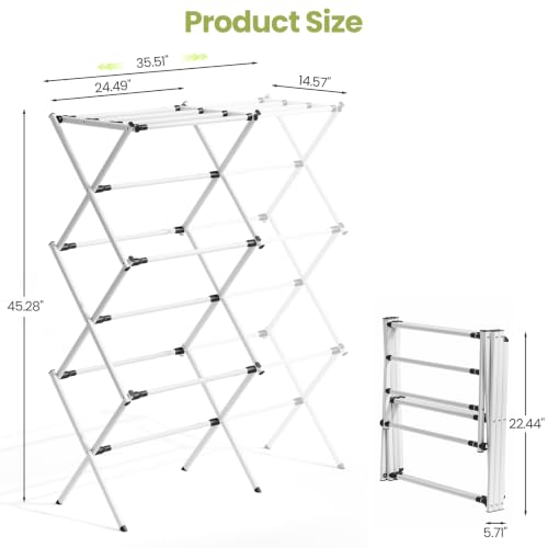 Oversized Clothes Drying Rack, 45.28" H × 14.57" D | Foldable & Extendable, Adjustable Size (24.49"-35.51"L), Space-Saving, Rust-Resistant Frame, Indoor/Outdoor Use, White - color: White, size: Large