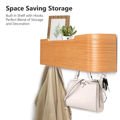 Coat Rack Wall Mount with Hidden Hooks Modern Key Holder Wood Entryway Hook with Shelf for Bedroom Kitchen Hallway Bathroom Designed for Hanging Coats Hats Bags Towels Dog Leashe(Oak,4 Hooks) - color: Oak, size: 4 Hooks