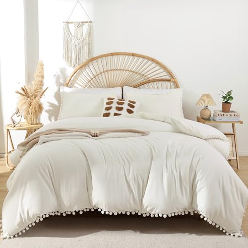 YIRDDEO Full Ivory Microfiber Comforter Set, 3pcs Boho Ball Pom Fringe Design Bedding Set (1 Comforter, 2 Pillowcases) | Solid Color Full Comforter Soft Boho Fluffy Reversible Lightweight Comforter 79"x90"& 2 Pillow Shams 20"x26" for All Seasons - color: