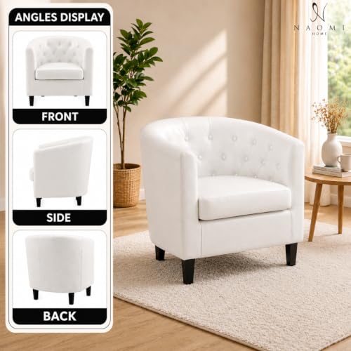 Naomi Home Emma Faux Leather Barrel Accent Chair – Modern Tufted Faux Leather Armchair with Wooden Legs, Wide Seat, Enhanced Back Support for Living Room Décor | Solid wood frame, sturdy legs and easy-clean faux leather create lasting comfort for living r