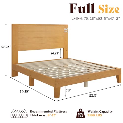AMERLIFE Full Size Solid Wood Bed Frame with 48" Headboard Design, Natural | Solid Wood Construction, Platform Bed Design, Silent Support System, Natural Finish - color: Natural, size: Full