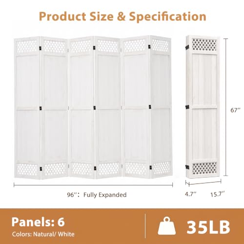 Wood Room Divider Privacy Screen, White Carved Room Divider 6 Panel 67" | No-Assembly Required, Freestanding Indoor Folding Panel Decor for Bedroom, Office or Apartment - color: White, size: 6 Panel