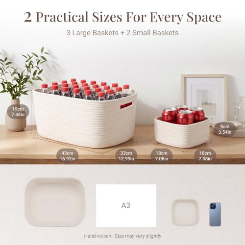 5-Pack Large Woven Rope Storage Baskets, 2 Sizes Organizer Bins | Fabric Cube Boxes and Rectangular Shallow Bins for Closet, Shelf, Bookshelf, Nursery, Changing Table, Bathroom, Toys & Home - color: white, size: 3pcs-16.92*12.99*7.08'' & 2pcs-7.08*7.08*3.