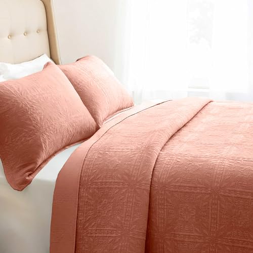 Clara Clark Quilts Twin Size - All Season Bedspread Coverlet Set, Pinsonic Weave Lightweight Bedding Set - 5 Piece Twin Quilt Set with Pillow Shams, Bali Blush - Twin Grid - color: 31 – Bali Blush – Grid, size: Twin