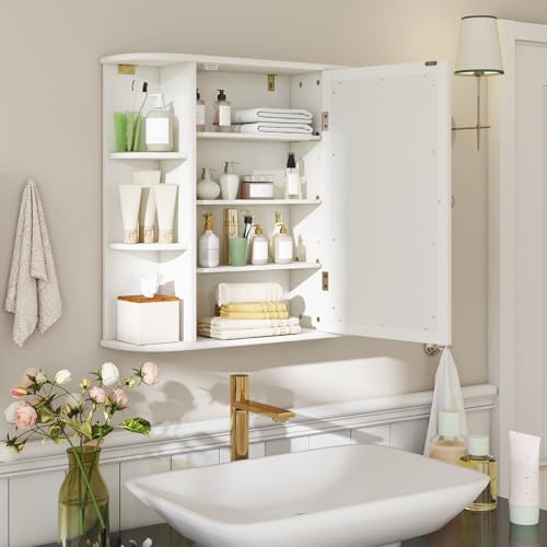 COSTWAY Medicine Cabinet with Mirror, Wall Mounted Bathroom Storage Cabinet | with Mirror Door and Adjustable Shelves, Space-Saving Storage Organizer for Living Room Kitchen Entryway (White) - color: White