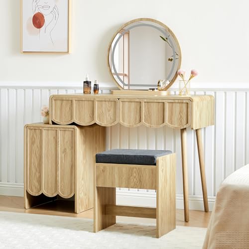 Vanity Desk with Mirror and Lights, Modern Wood Wave Panel Vanity Desk Set Makeup Table with Drawers and Cabinet, Dressing Table with Storage for Bedroom, Natural - style: Natural