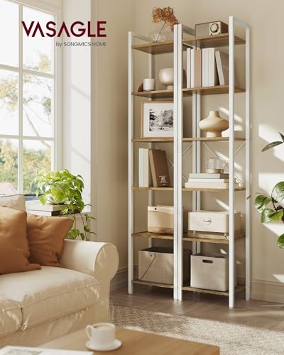 VASAGLE 6-Tier Bookshelf, Bookcase with Steel Frame, Book Shelf for Living Room, Home Office, Study, 11.8 x 15.7 x 73.2 Inches, Industrial Style, Honey Brown and Cloud White ULLS101K02 - color: Honey Brown + Cloud White, size: 6 Tiers (11.8"D x 15.7"W x 7