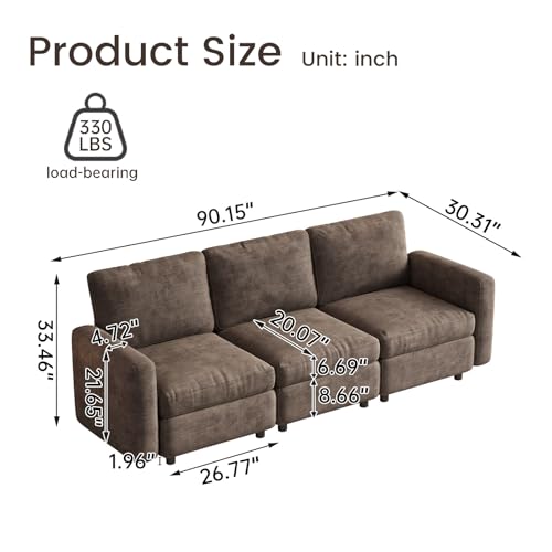 Miuuod 3-Seat Modular Sofa Couch with Ergonomic Cushions, Convertible Sleeper Loveseat for Living Room Bedroom Apartment, Brown Cloud Futon Lounge Sectional Furniture Set - color: Brown, style: 3 Seats(3 Seats only)