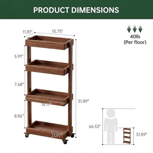 Small Narrow Side Table with Wheels, Skinny End Table for Small Spaces, 4 Tier Side Table for Living Room Bedroom(Walnut, 11.81" D x 15.75" W x 31.89" H) - color: Walnut, size: 11.81"D x 15.75"W