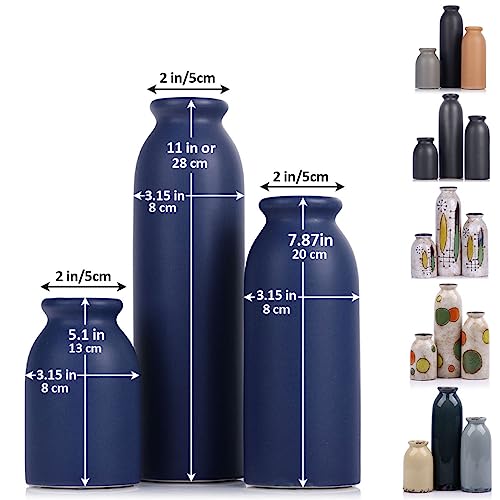 Blue Ceramic Vase Set of 3, Matte Blue Vases for Modern Rustic Farmhouse Style, Decorative Vases for Dining Table, Shelf, Bedroom, Living Room, Kitchen, Office, Bathroom, Mantle, Centerpiece Décor - color: Blue