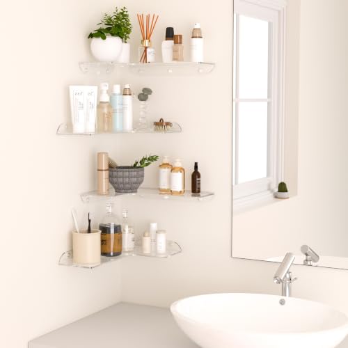 Sezanrpt 11.4x16 Inch Acrylic Corner Floating Shelf Set of 4, Clear Corner Wall Shelf for Home Décor, Speakers, Security Cameras, Toileries, Plants, Figures, Cosmetics, Books - color: Clear, size: 11.4x16 Inch