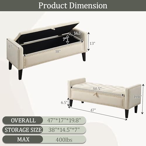 47in Velvet Storage Ottoman Bench with Arms, Upholstered Storage Bench with Wooden Legs, Storage Bench for Bedroom, Living Room, Beige - color: Beige