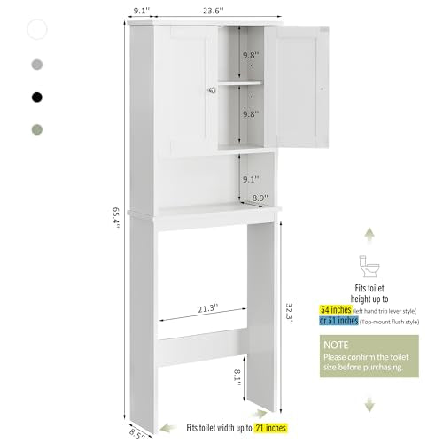 Over the Toilet Storage Cabinet, Bathroom Storage Organizer Over Toilet, Space Saver W/Adjustable Shelf & Open Shelf, White - color: White, style: Wood Doors