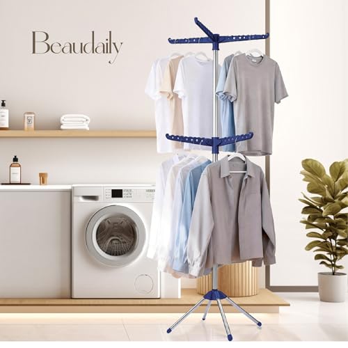 Beaudaily Clothes Drying Rack, Foldable 74.8-Inch Laundry Drying Rack, Indoor 2 Tier Drying Rack Clothing with Rotatable Arms, Stainless Steel, Holds 54 Pieces, Space Saving, Blue and Silver - color: Blue + Silver, size: 2-Tier